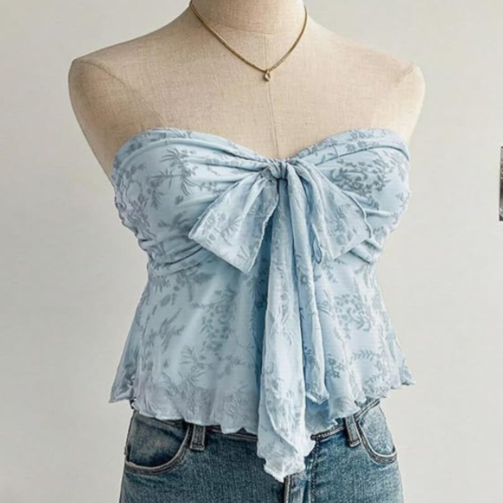 Blue Floral Bow Tube Top